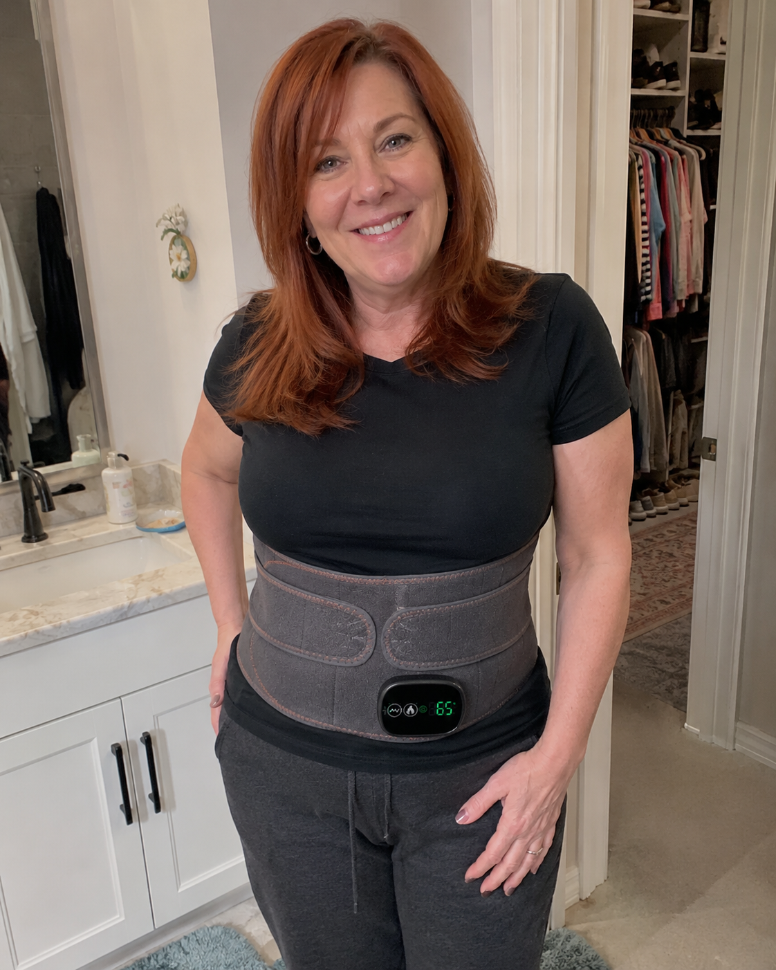 Carol W. wearing the Kavora relief belt